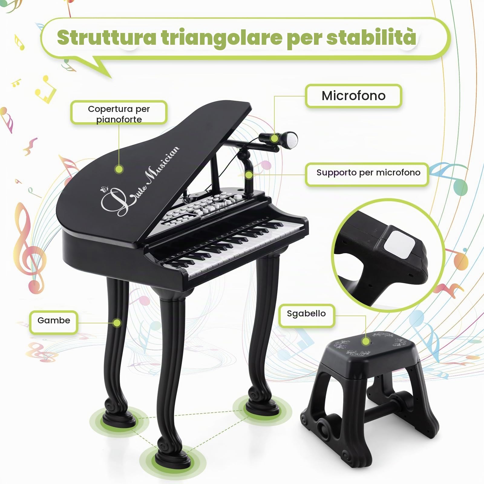GYMAX Pianoforte Elettronico a 37 Tasti per Bambini, Tastiera Elettronica con Sgabello, Microfono e 3 Modalità di Apprendimento, Pianoforte Elettronico, Regalo Perfetto per Bambini Piccoli (Nero)