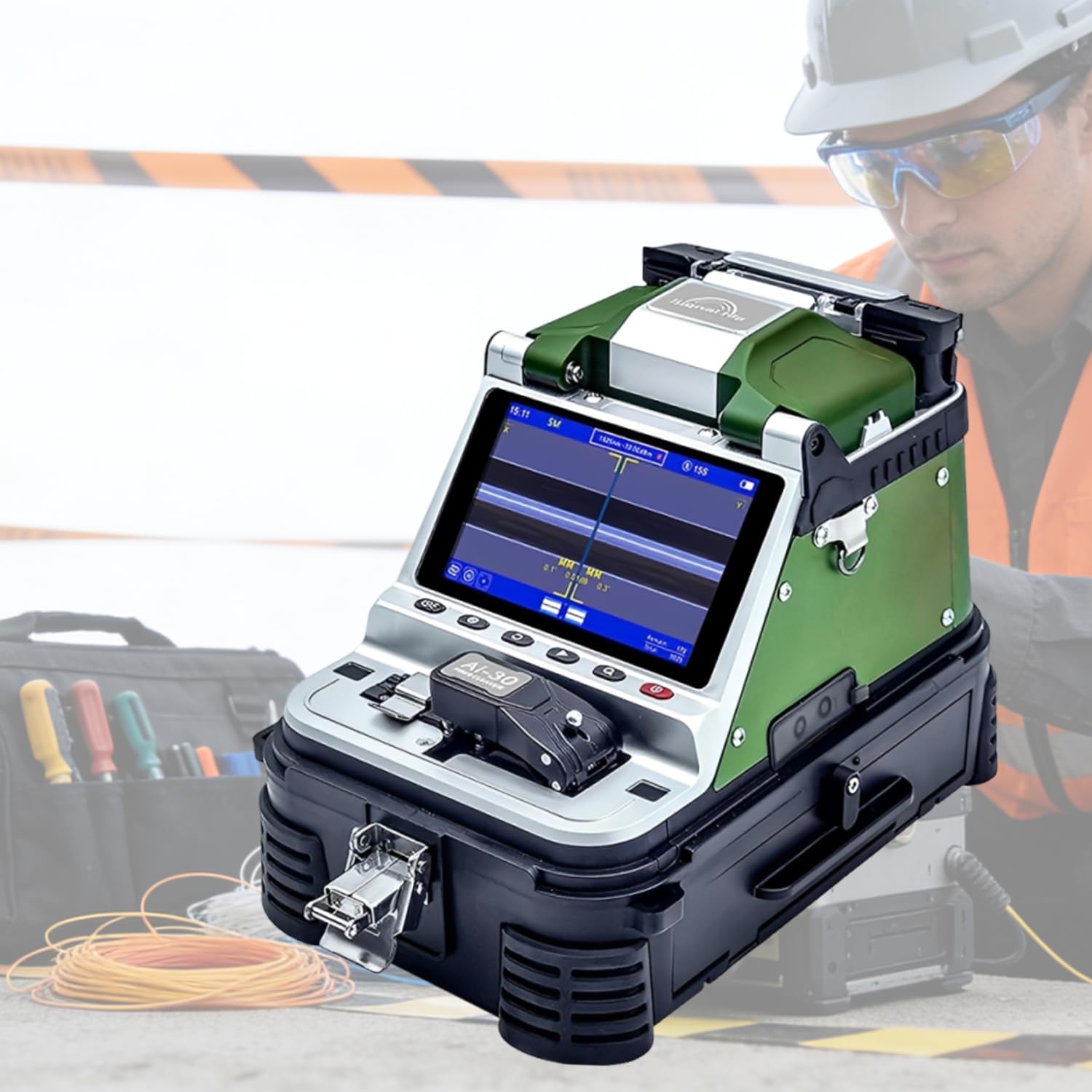 Fusionadora de fibra óptica FTTH alta precisión 4ª generación con 6 motores alineación núcleo, cortadora, OPM y VFL | para despliegue red telecom ISP y proyectos fibra | Pantalla HD 5", APP AI-30