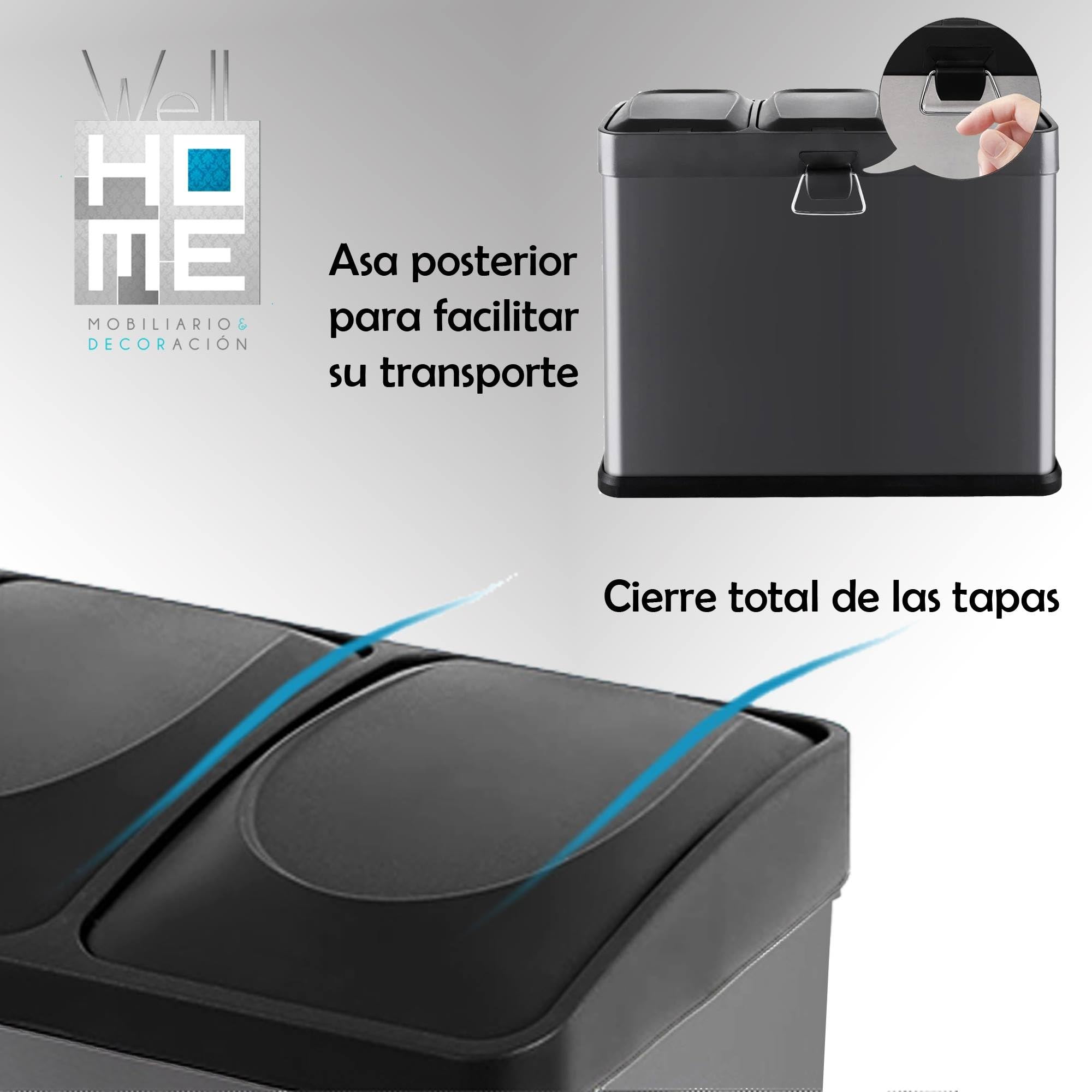 WELL HOME MOBILIARIO & DECORACIÓN Cubo de reciclaje Negro 45L 3 compartimentos + Rollo de 20 bolsas basura autocierre de 20L