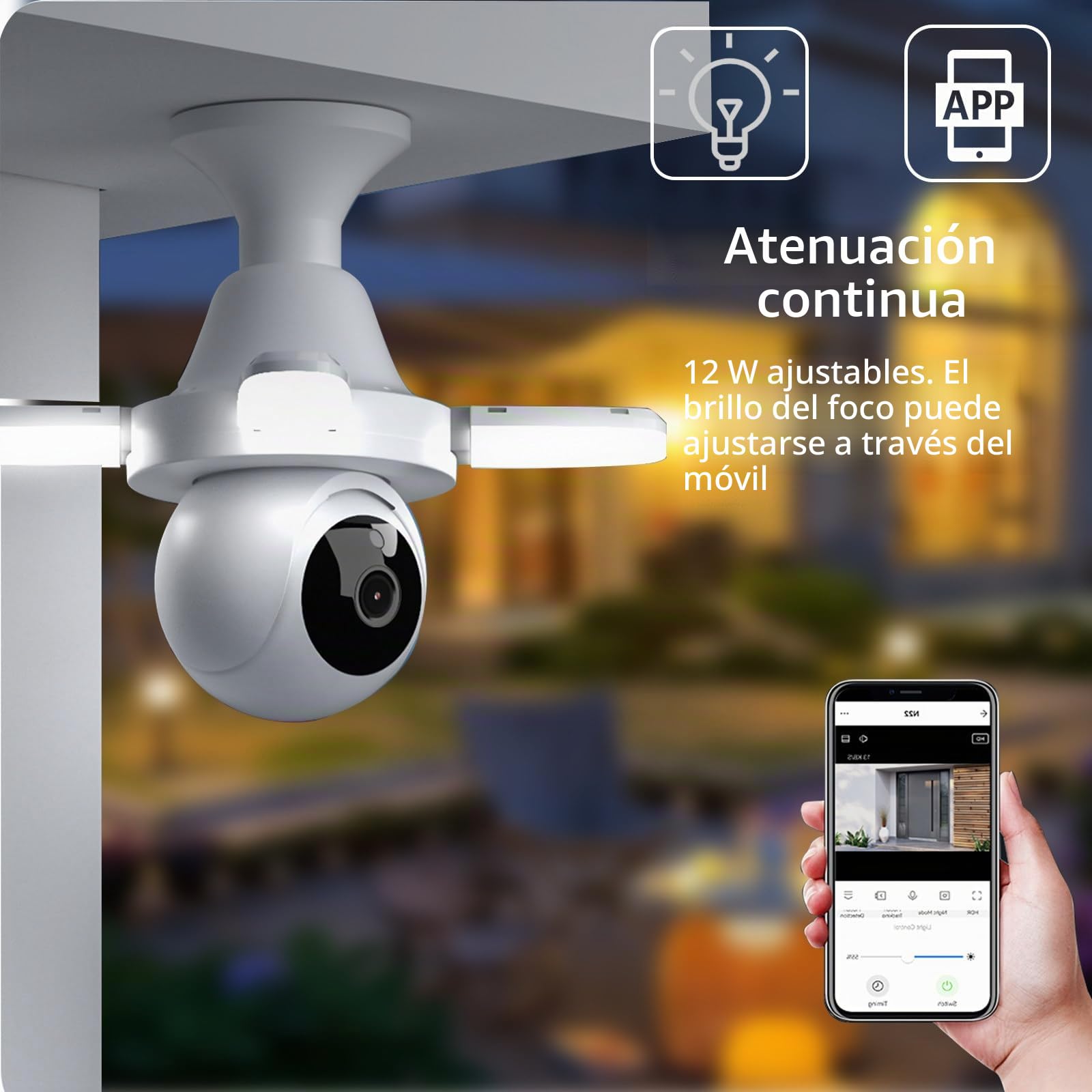 3MP Cámara Vigilancia WiFi Interior/Exterior, 355° PTZ Cámara Bombilla | Con Bombilla, Visión Nocturna Hasta 15 M, Audio Bidireccional,Autoseguimiento, Admite Tarjeta SD