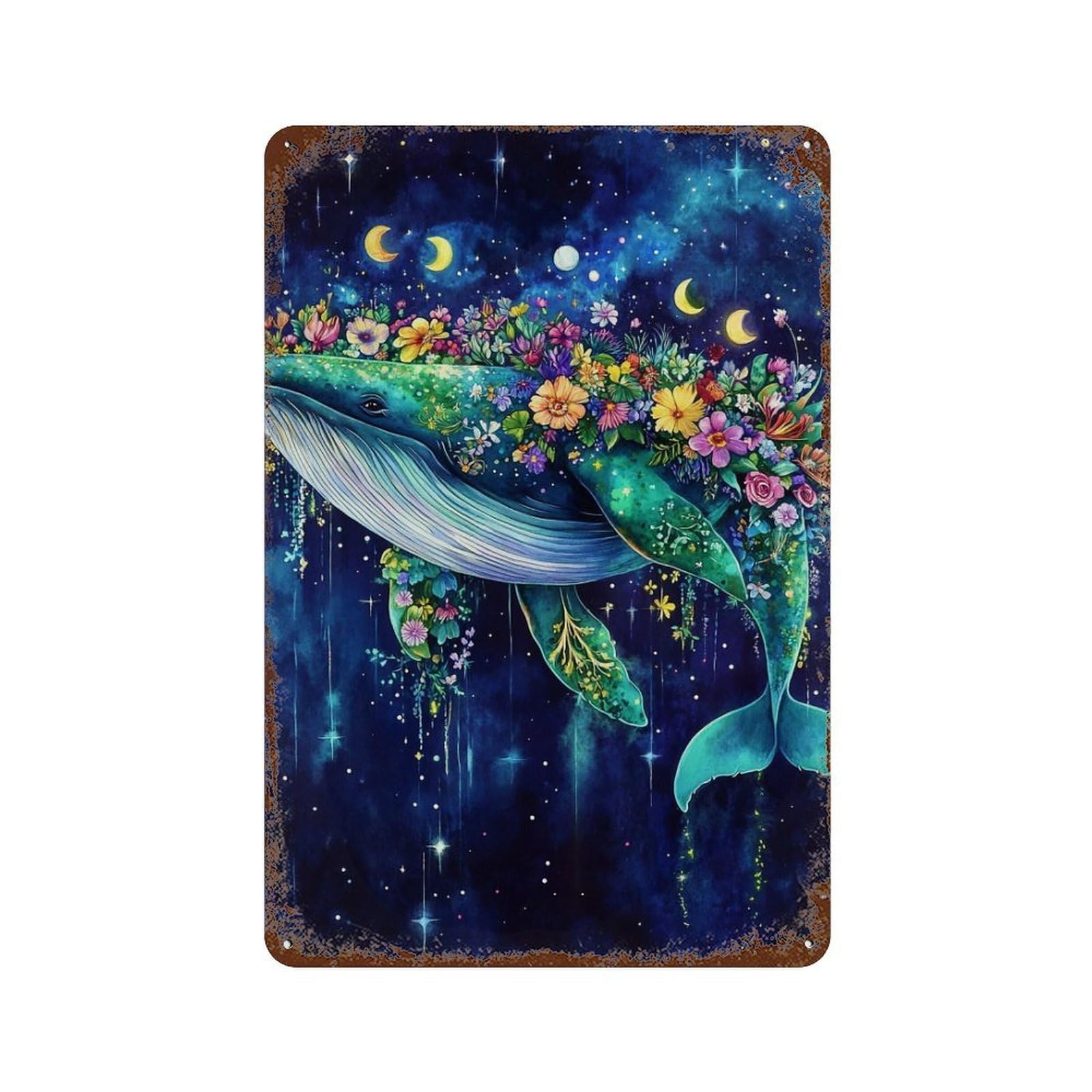 Whale with Flowers in Space-3 11.8"x7.9" Vintage Rust Metal Sign, Shabby Chic Decor for Cafe, Home Bar And Lounge Decor