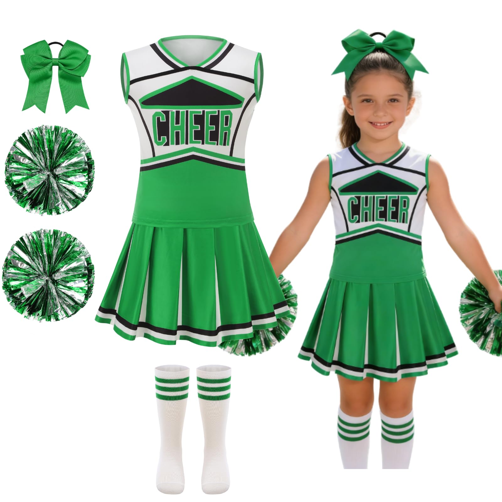DELIVESS Cheerleader Costum for Girls Cheerleading Outfit Kids School Cheer Uniform 5 Pcs Set for Halloween Party Dress up 6-7 Years (130, Green)