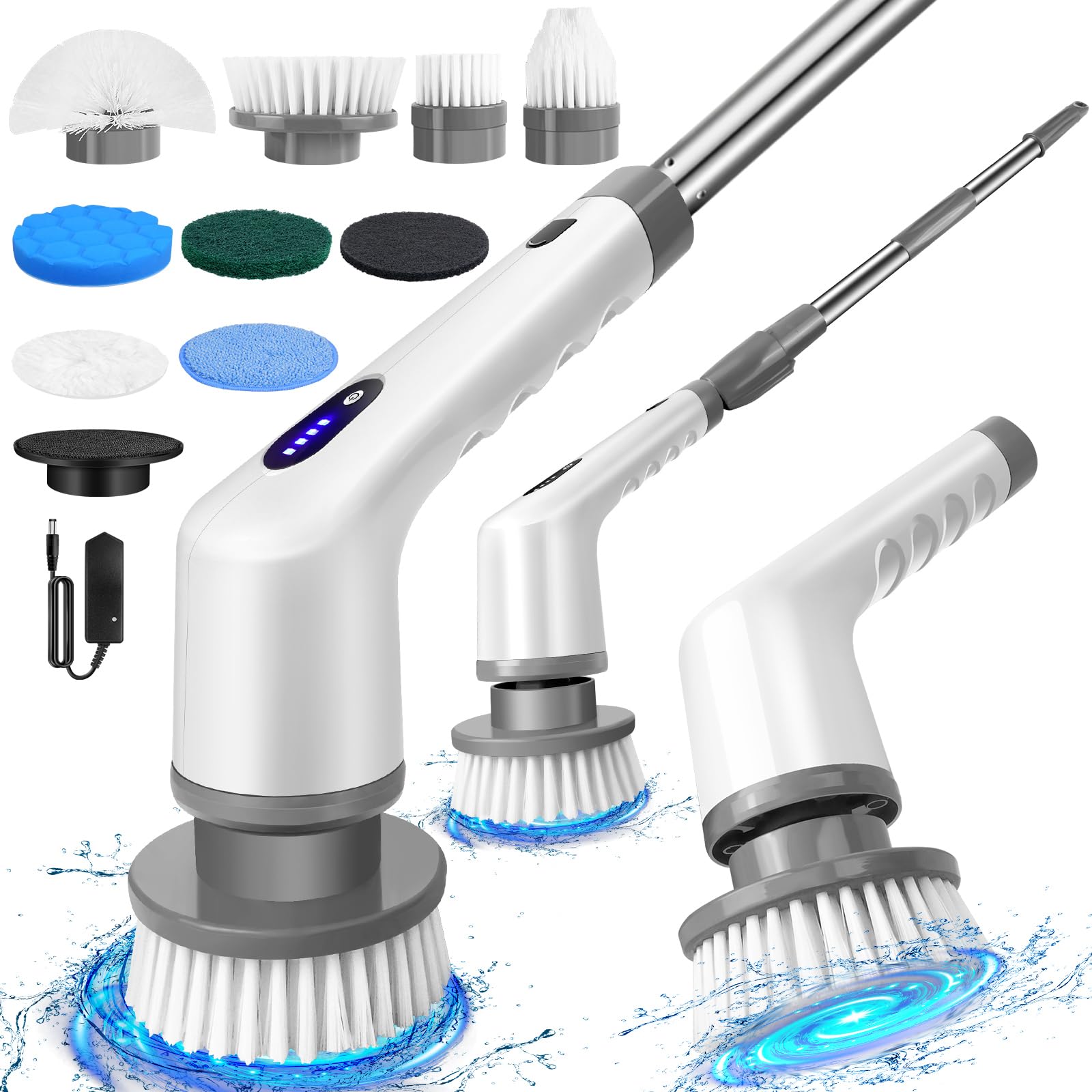 Electric Spin Scrubber, IPX7 Waterproof Bathroom Cleaning Brush, Long Handle & 2 Speed, Cordless Electric Cleaning Brush with 9 Replaceable Brush Heads for kitchens, bathrooms, sinks, floors, Grey