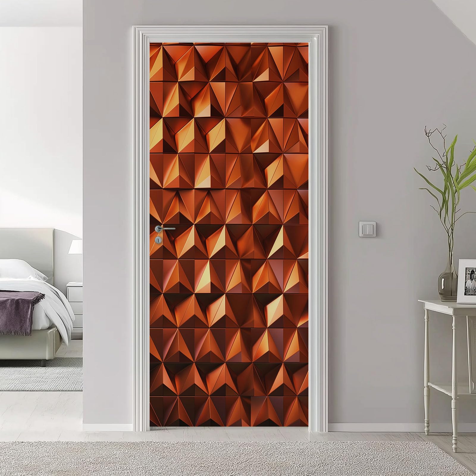 Proste geometryczne fototapety 3D na drzwi, samoprzylepne, metaliczne trójkąty 3D, sztuka, usuwalne murale, naklejki na drzwi, czerwono-brązowe naklejki z PCW do sypialni, łazienki, biura, 95 x 215 cm