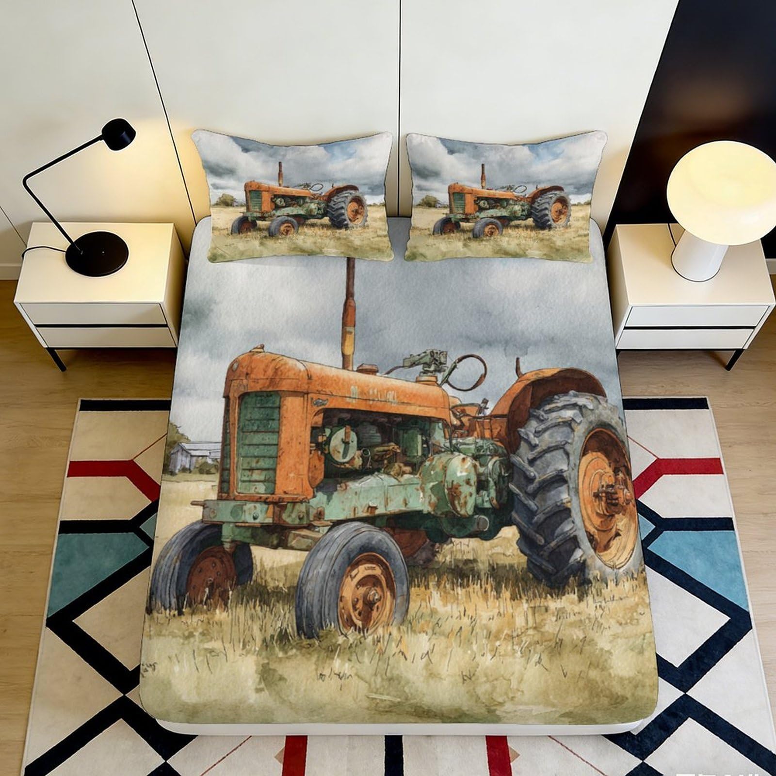 3D Printed Vintage Tractor Fitted Sheet Microfiber Soft Breathable Rural Scene Mattress Cover for Bedroom Dorm Decor 90x200x25cm