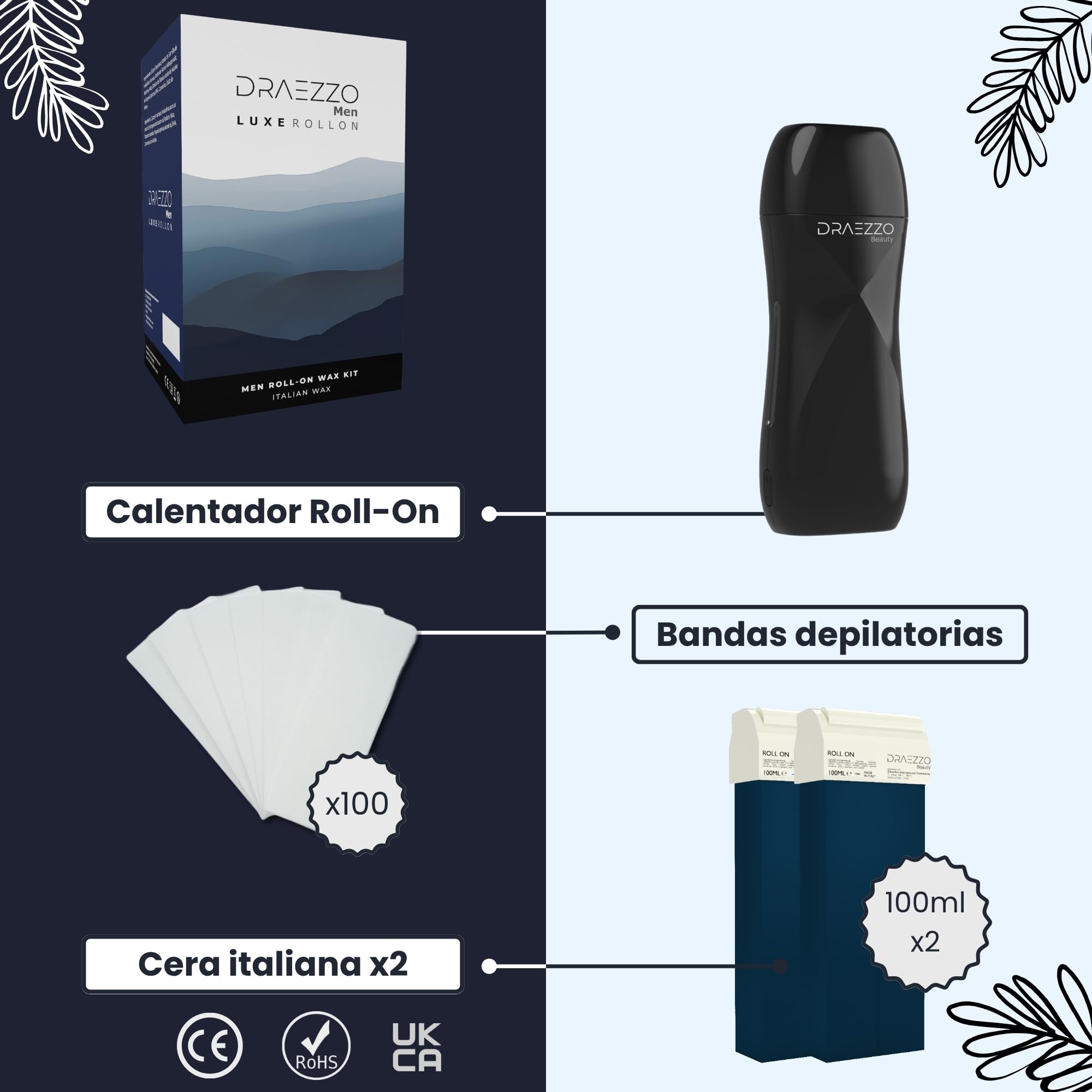 Man - Calentador Cera Roll On Profesional Kit para Hombre + 2 Cartuchos Cera Tibia Roll On Profesional - Descubre los Beneficios del Azuleno - Roll-On Depilacion