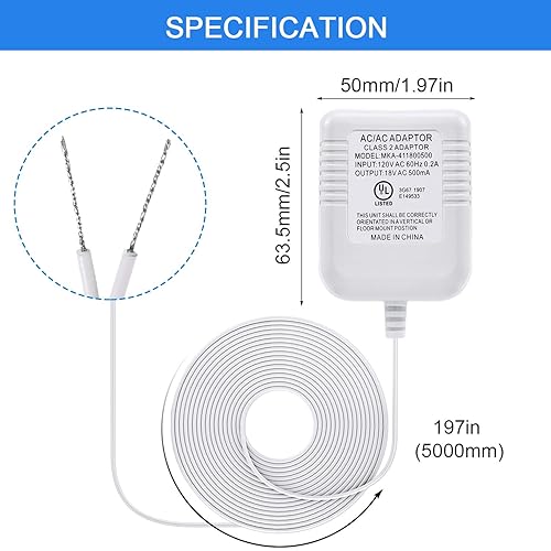 Miniatura 3 de Hotop Adaptador de corriente compatible con timbre Nest Hello Video, Arlo y Eufy, transformador de 18 voltios 500 mA certificado UL con cable de