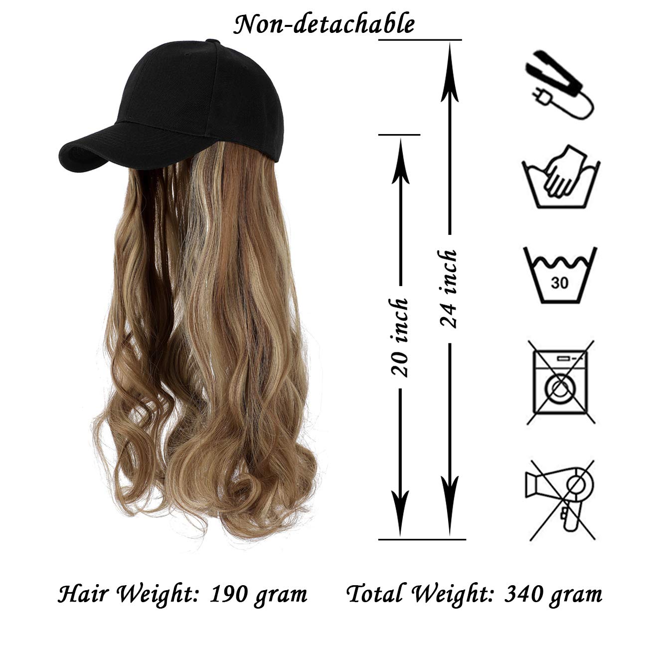 XBwig Baseball Cap Wigs Synthetic Long Curly Wavy Wig Hat With Hair Extensions Attached Hairpieces For Women Adjustable Black Caps With Magic Paste Light Brown Mix Ash Blonde