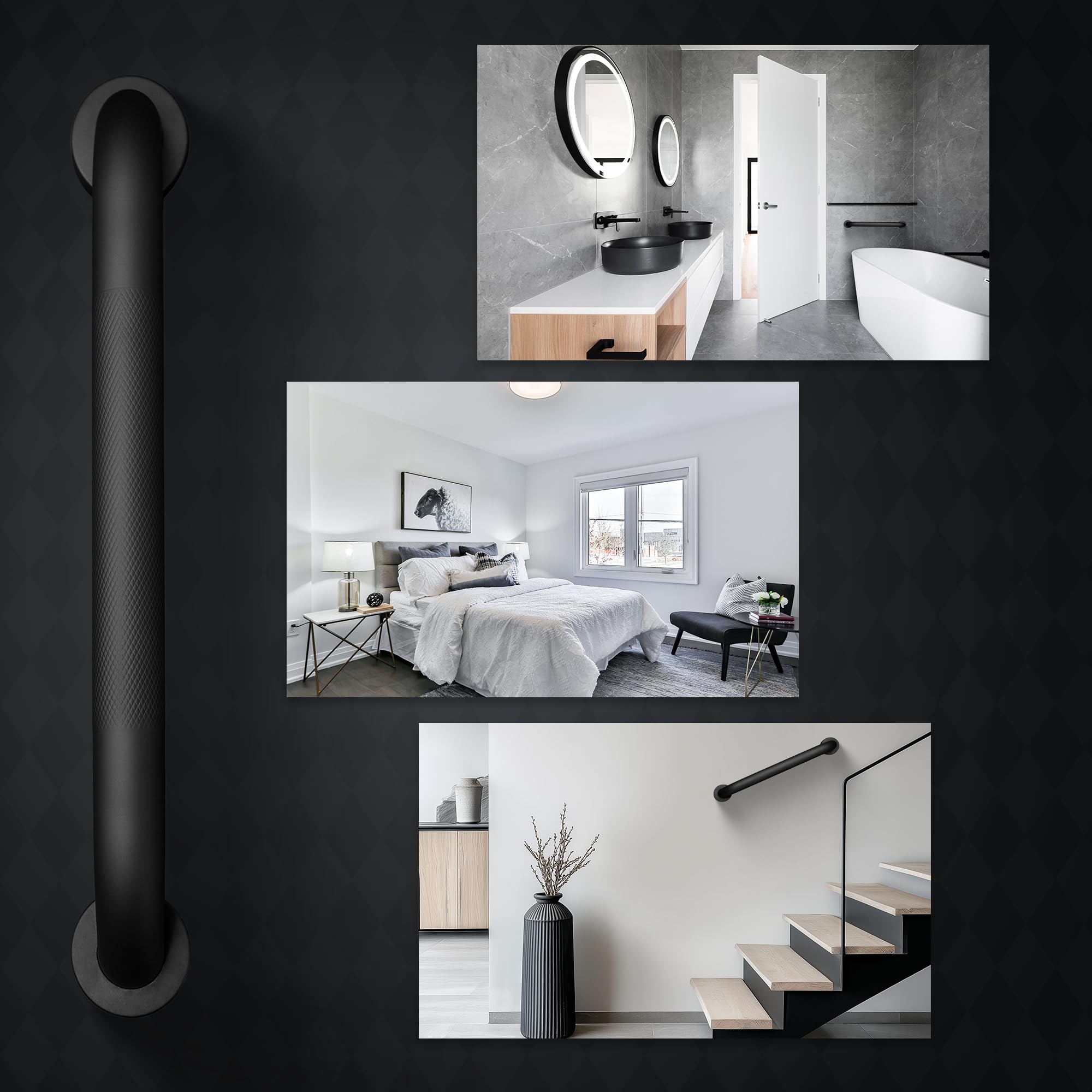 ITSOGOO Maniglione Bagno Acciaio inossidabile con Superficie Zigrinata,Maniglioni Antiscivolo per Anziani,Maniglia per Doccia per Vasca,WC,Cucina,Disabili Corrimano per Scale 60cm Nero Opaco
