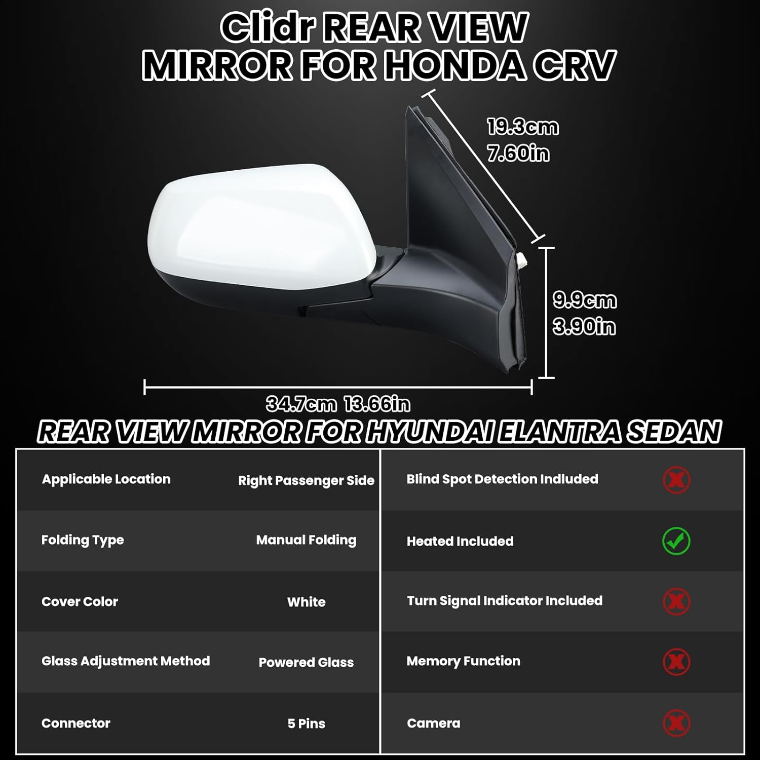 Passenger Side Mirror Compatible with 2012 2013 2014 2015 2016 Honda CRV Heated Manual Folding Rear View Mirror White 5 Pins (Only fit for US Version)