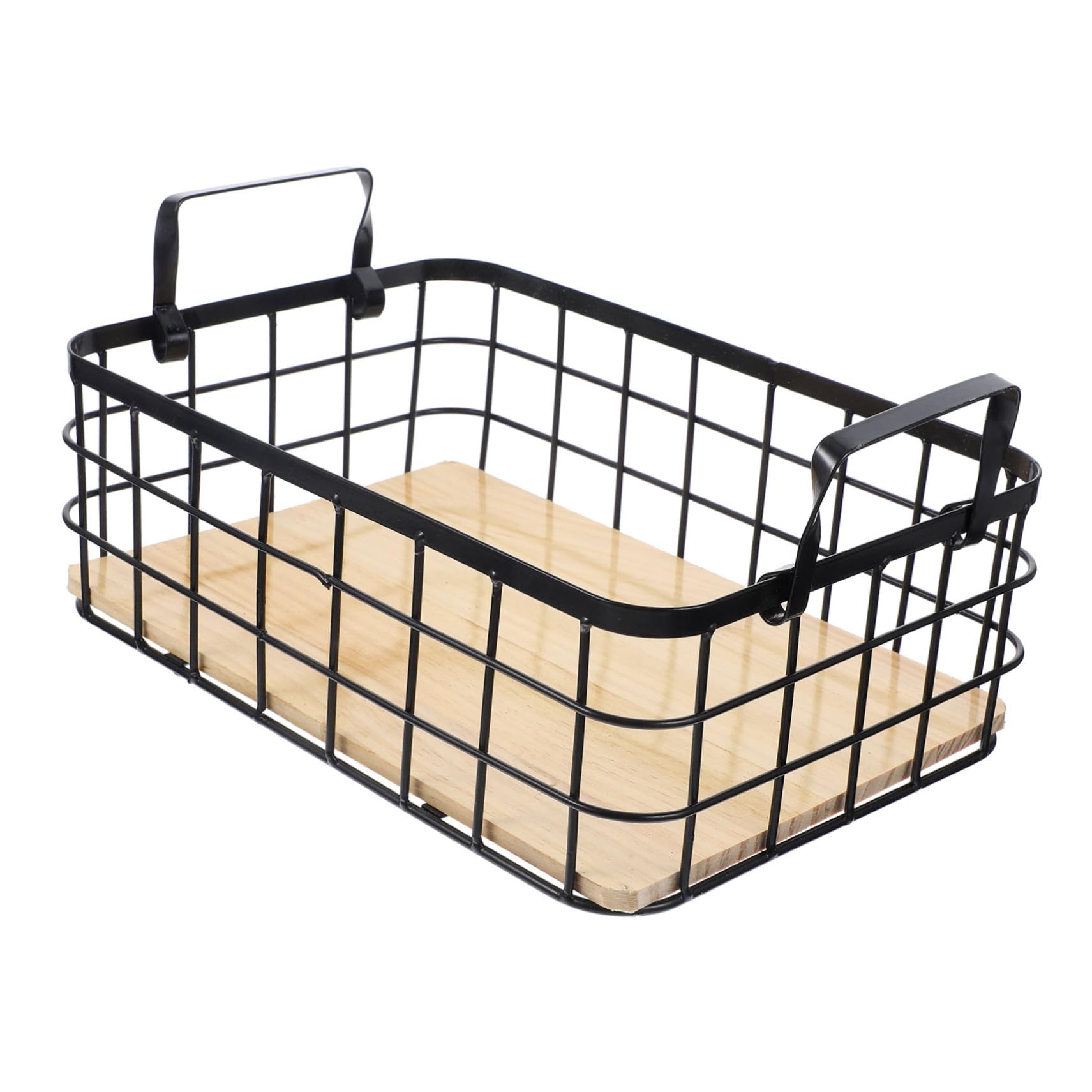 ULTECHNOVO Cesta de Almacenamiento de Alambre Negra Asa y Base de Madera | Rectangular y Robusta, para Frutas y Utensilios del Hogar, Uso en Mesa o Exterior
