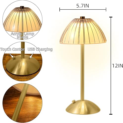 Miniatura 6 de Lámpara de mesa LED portátil con batería con sensor táctil, lámpara recargable de latón inalámbrico dorado, luz de noche, mesa de restaurante,