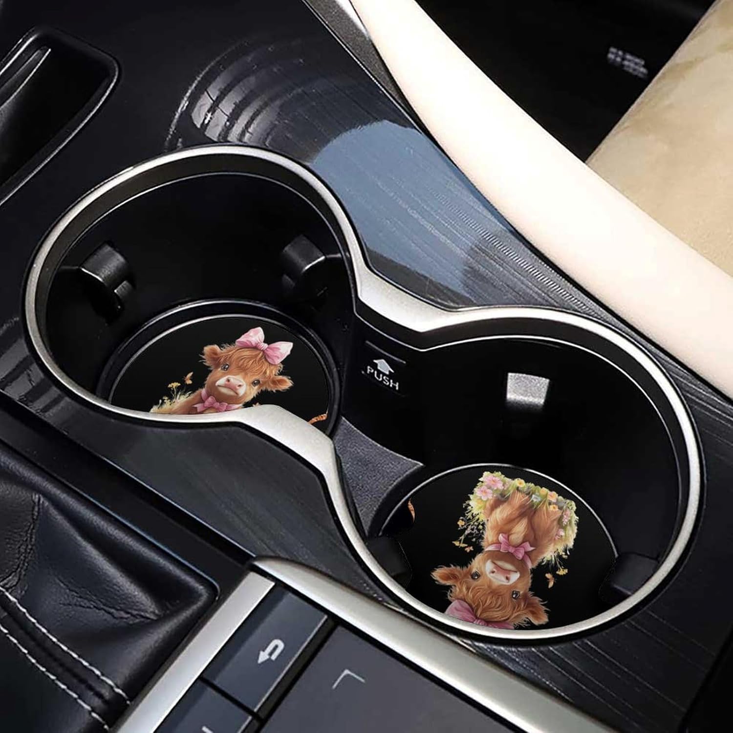Cute Highland Cow Cute Car Coasters 2.56 Inch Absorbent Cup Holder for Drinks Auto Interior Accessories