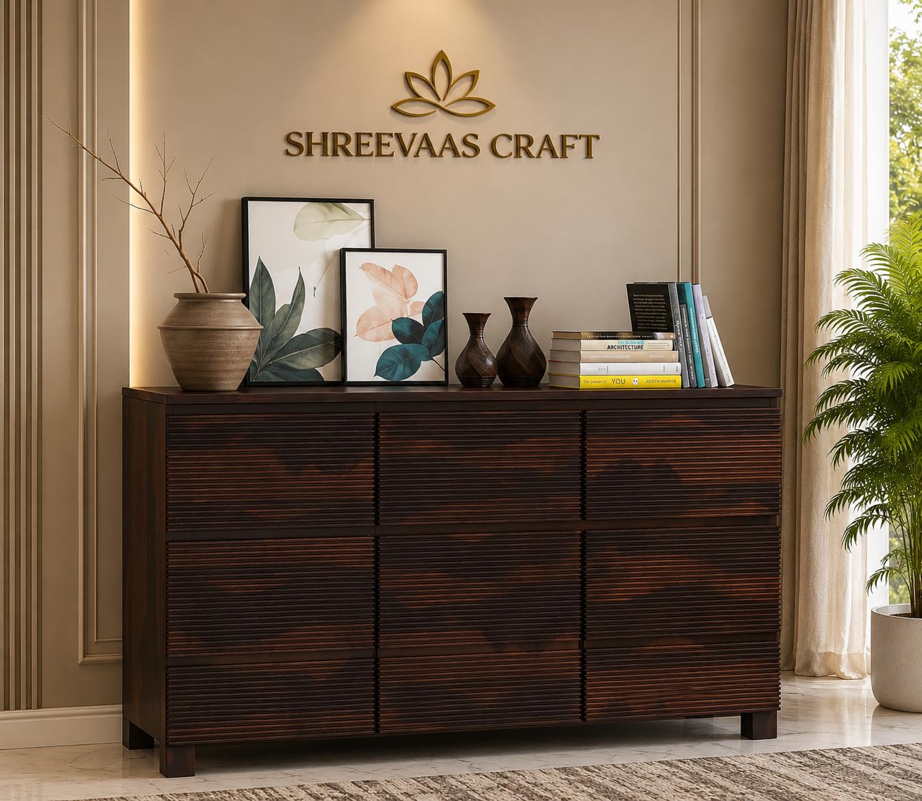 SHREEVAAS CRAFT Solid Premium Sheesham Wood Wooden Sideboard Storage Cabinet and Chest of Drawers with 3 Drawers and 6-Shelf Storage (Walnut Finish)-image-17
