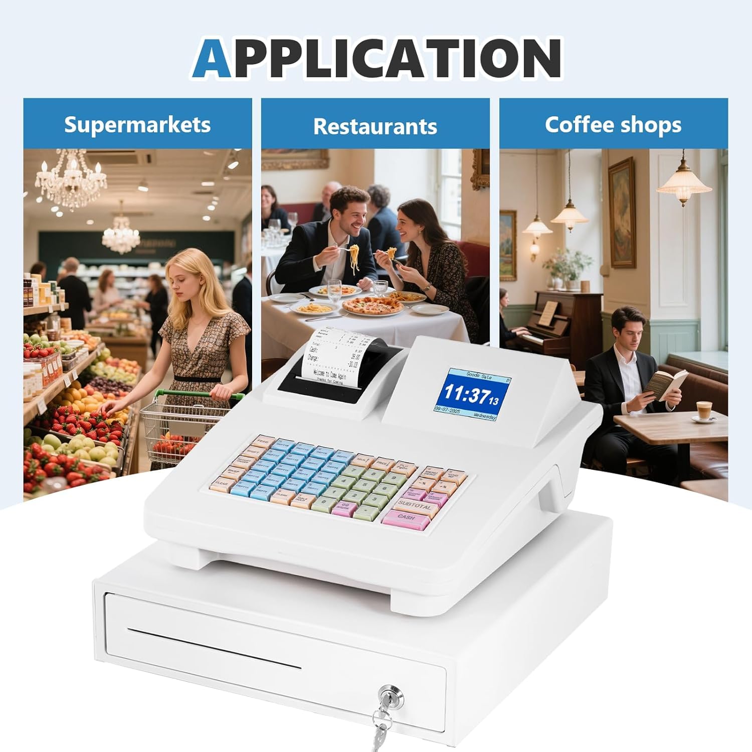MXBAOHENG Caja registradora electrónica 48 teclas Caja comercial con 3 rollos de 58 mm impresión térmica Sistema de caja registradora inteligente con cajón de efectivo (Sistema de inglés)