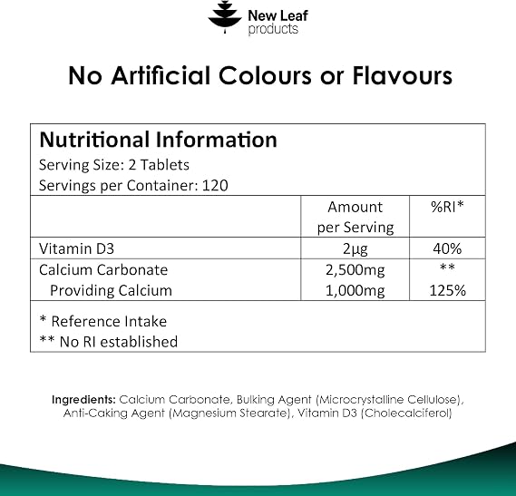 Calcium and Vitamin D3 Tablets - Calcium Supplement - 240 High Strength Calcium Tablets Supplement Calcium Vitamin D3 Tablets - Calcium Complex Made in The UK by New Leaf