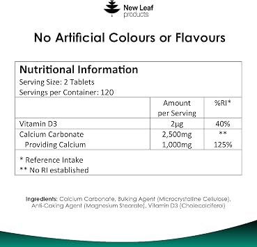 Calcium and Vitamin D3 Tablets - Calcium Supplement - 240 High Strength Calcium Tablets Supplement Calcium Vitamin D3 Tablets - Calcium Complex Made in The UK by New Leaf