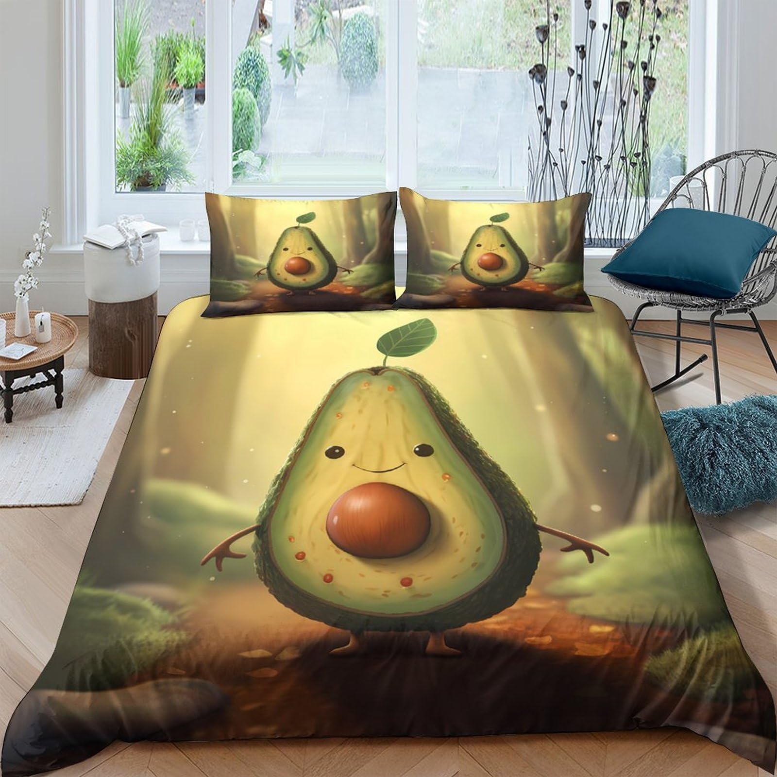 GPLZQXKJNH 3D Printed Cute Avocado Duvet Cover Microfiber Soft Breathable Cartoon Bedding Set with 2 Pillowcases for Bedroom Decor Single（135x200cm）