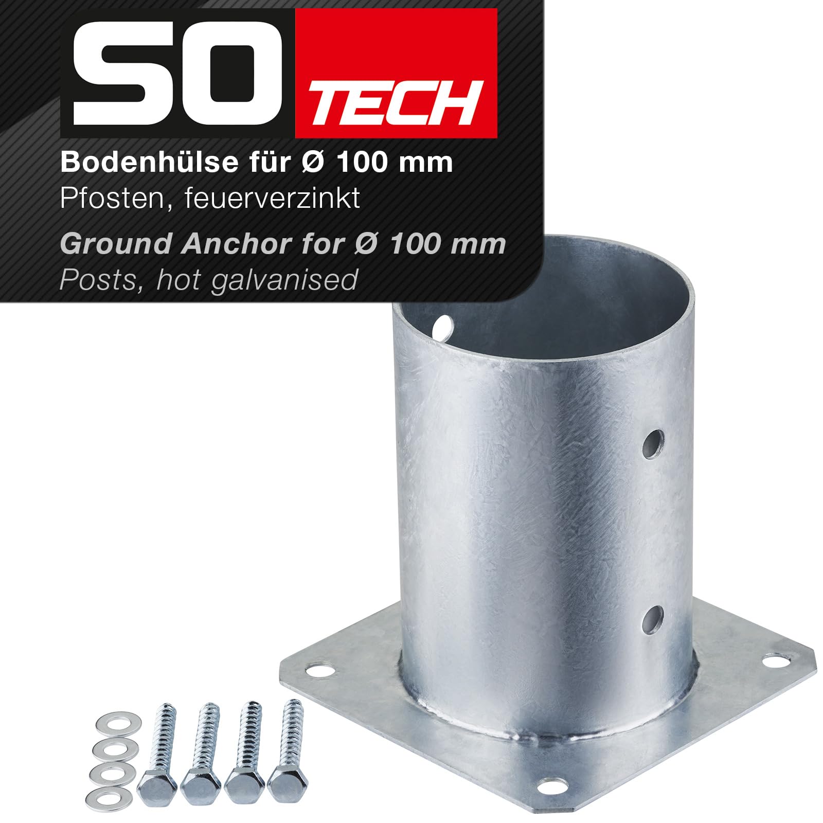 SOTECH JUEGO de 2 anclajes roscados, redondos Ø 100 mm, 152 mm de altura, acero galvanizado en caliente, toma de tierra para madera redonda - ideal para uso en exteriores