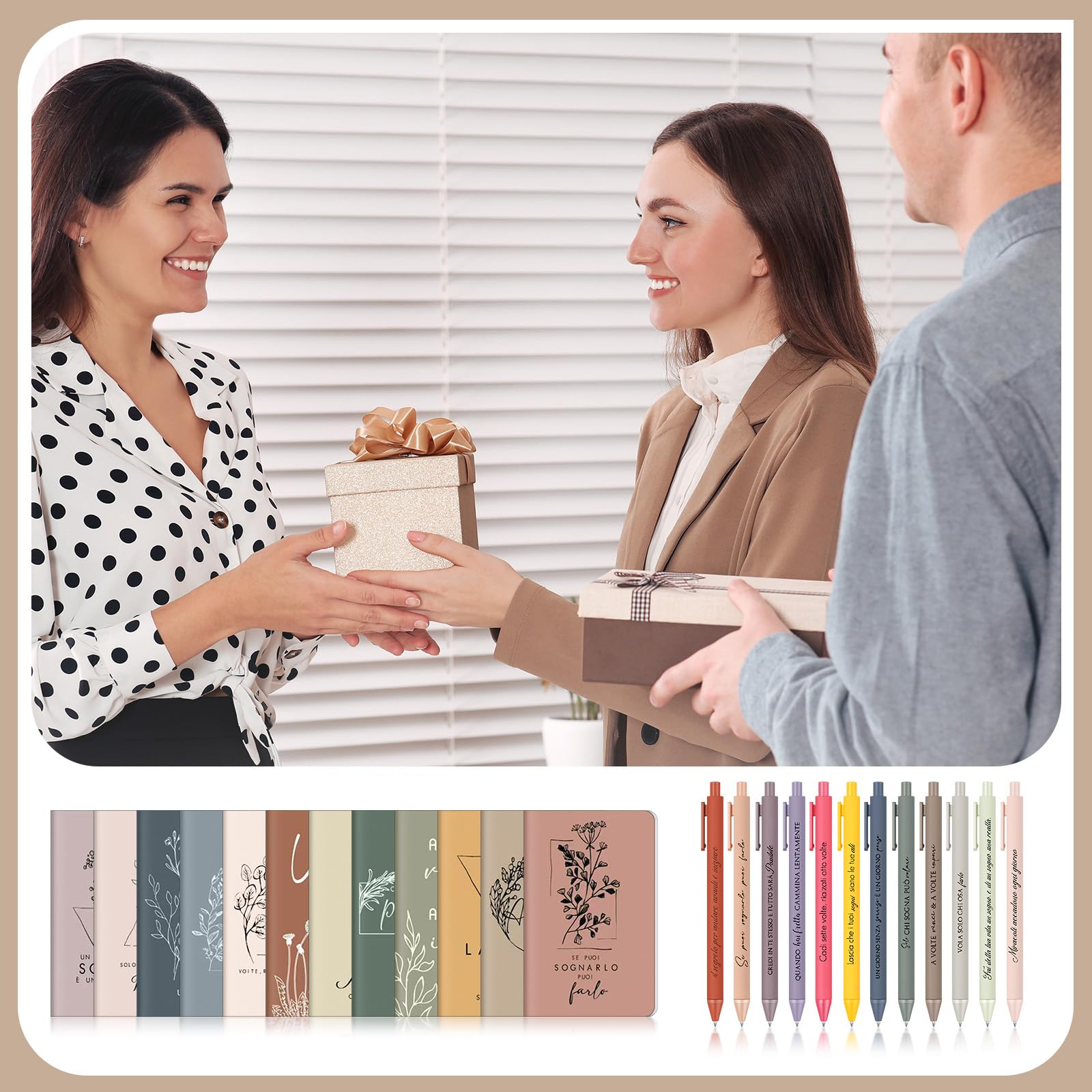 Sinmoe 24 Pezzi Regalo Motivazionale per Alunni Colleghi 12 Mini Taccuini 12 Penne con Frasi Motivazionali in Italiano Regali per Alunni Fine Quinta Colleghi Studenti Insegnanti, 12 Stili (Morandi)