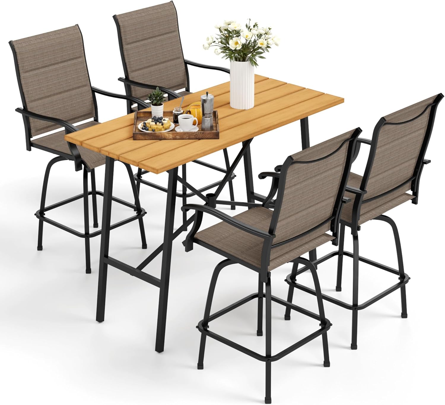 MFSTUDIO 40.5 Patio Bar Height Bar Table, with Rectangular Hand-Painted Wood Like Metal Table Top for 4, All Weather Resistant Outdoor Table with Umbrella Hole, Brown