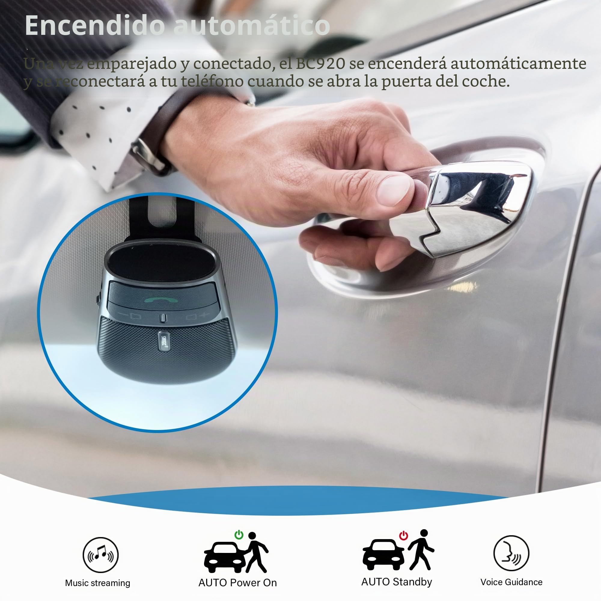 Manos Libres Coche 5.0,Soporte Siri y Asistente,Encendido Automático,Indicaciones de Voz,Música,Manos Libres Coche Bluetooth Conexión de 2 Teléfonos Simultáneamente con Clip de Visera-BC920SA