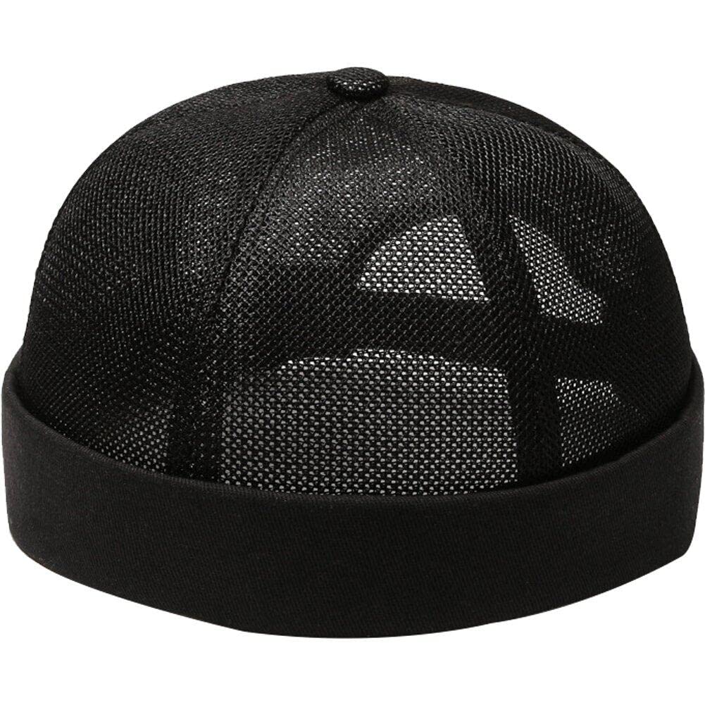 Casiler Unisex Black Brimless Hat Docker Cap Summer Mesh Beanie Hat Adjustable Retro Rolled Cuff Brimless Cap Casual Skull Caps