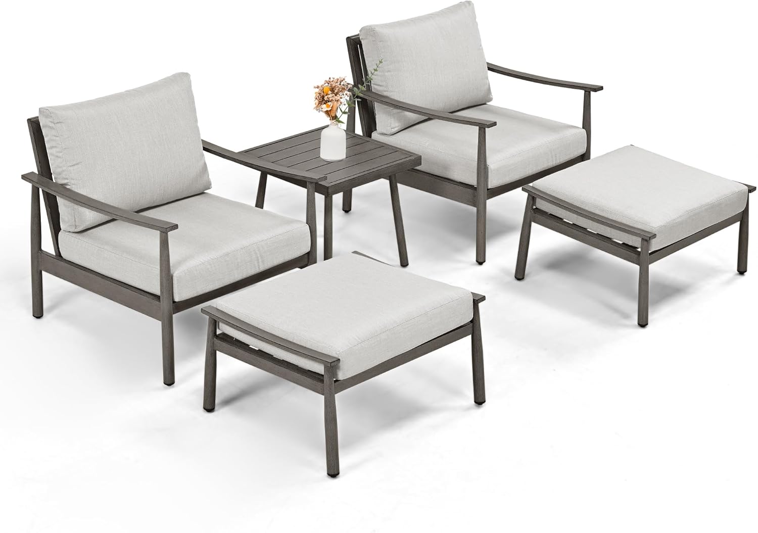 5 Pieces Aluminum Patio Furniture Set with Side Table, 2 Armchairs and Ottoman with Thick Cushion, Patio Conversation Set for Backyard Deck Poolside, Grey