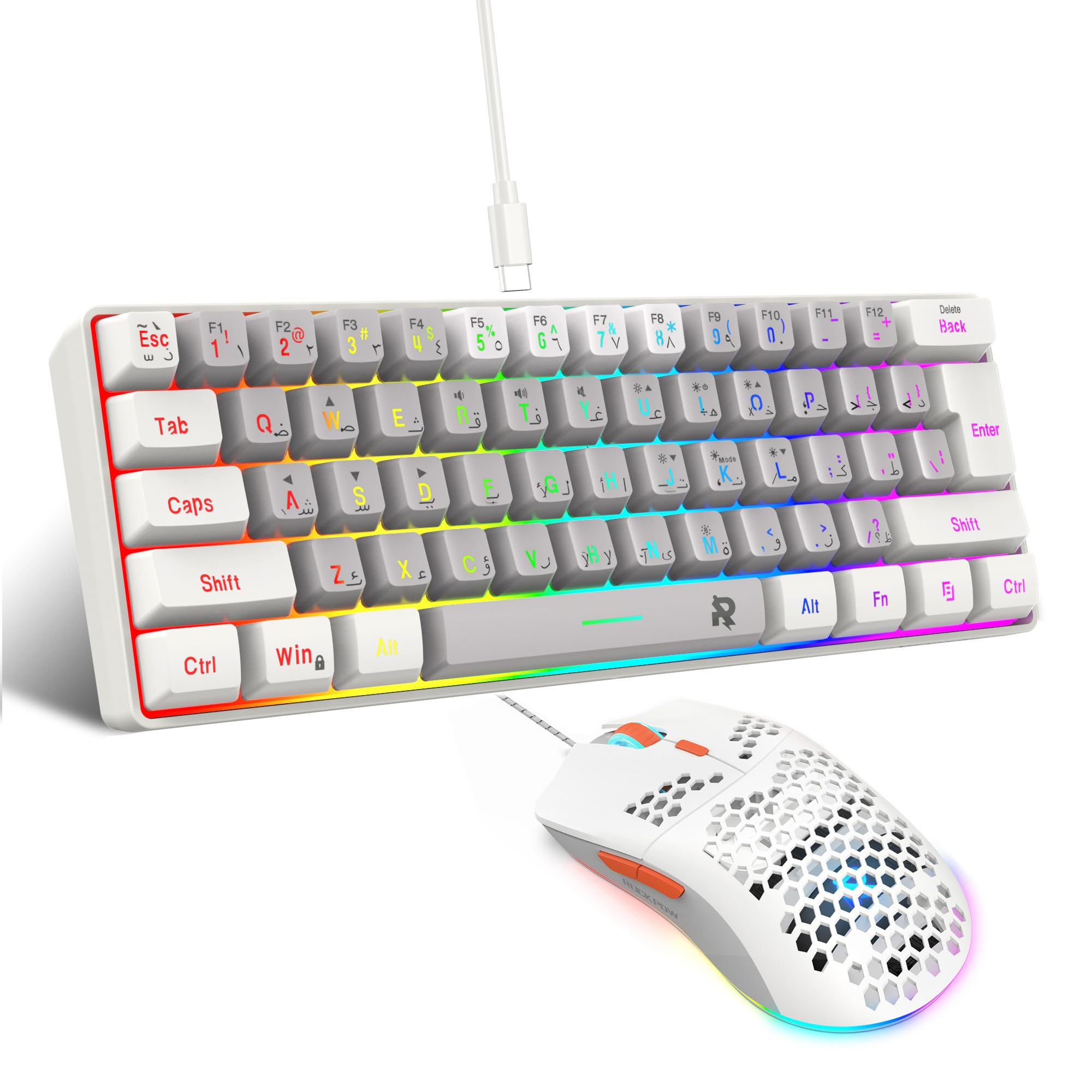 Arabic 60% Wired Gaming Keyboard Mouse Combo,RGB Gaming Mice Ergonomic Ultralight 8000DPI Optical Sensor,61 Keys RGB Backlit Gaming Keyboard,Ultra-Compact Mini Waterproof Keyboard for PC Gamer WG