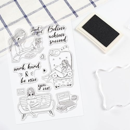 Miniatura 3 de GLOBLELAND Sellos transparentes para mujer trabajadora, para leer libros, para hacer tarjetas, manualidades, álbumes de recortes, álbum de fotos,
