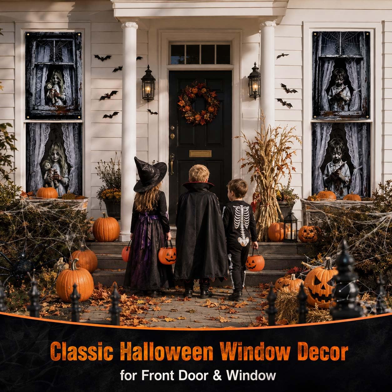 2 sztuki halloweenowych dekoracji okiennych, straszne zasłony na imprezę halloweenową