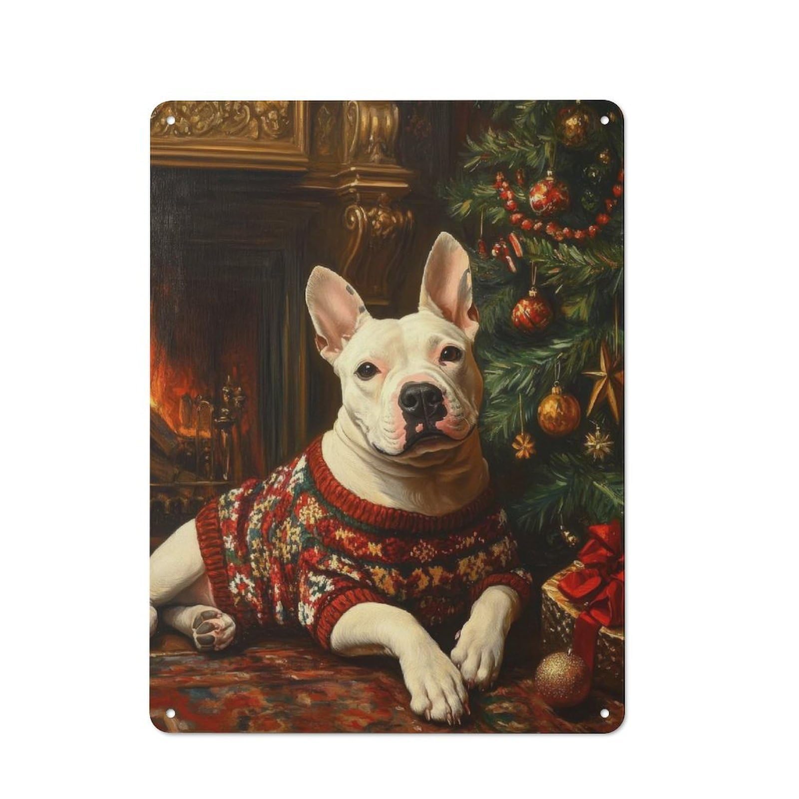 Junmoney Bull Terrier In Sweater Dog By Fireplace Rustic Metal Sign 40X30cm For Kitchen Or Home Bar, Gift For Kitchen Decor Lovers During The Christmas Season