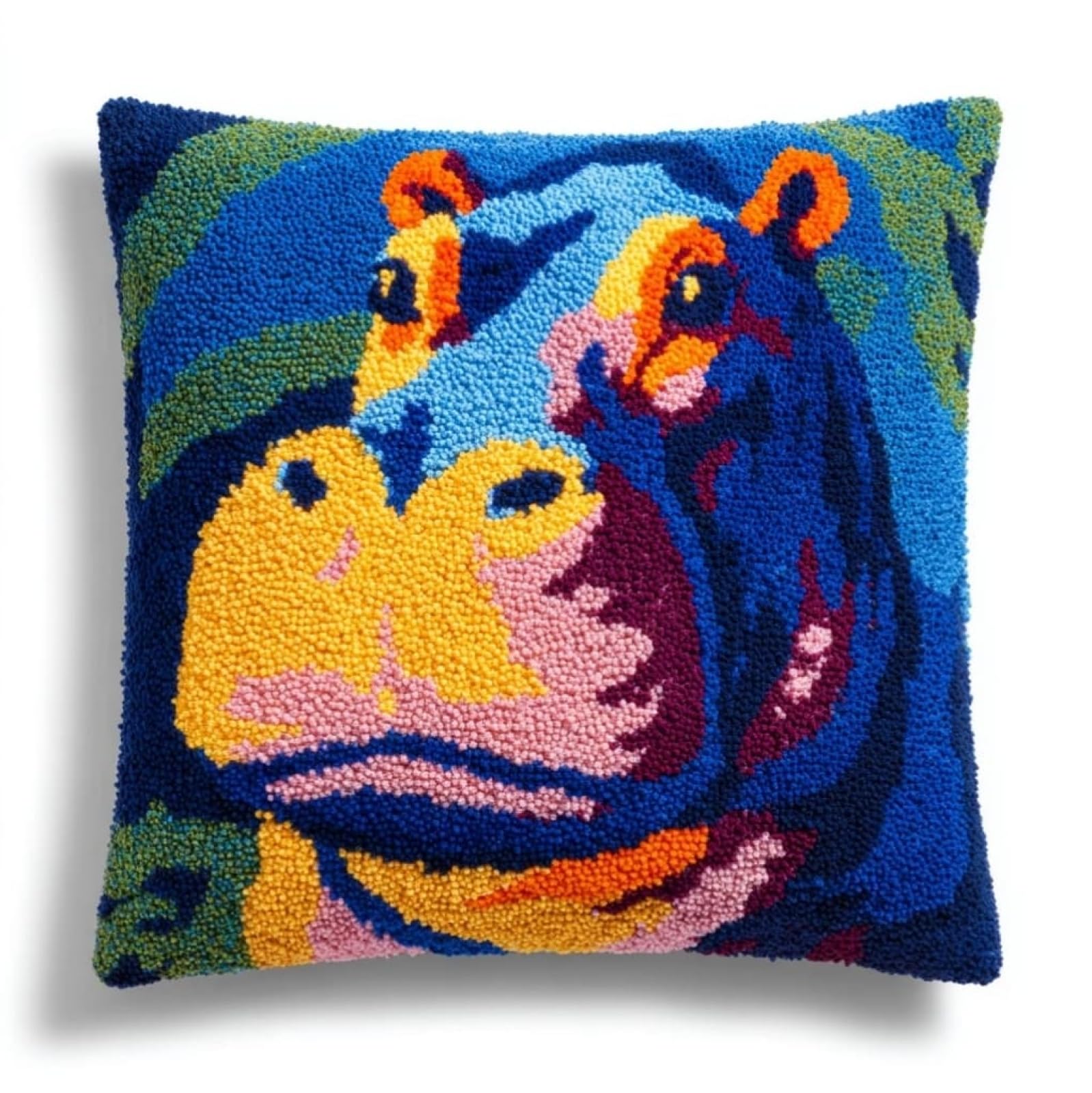 WallustrioaW Latch Hook Pillow Cover Kit,Cartoon Hippo