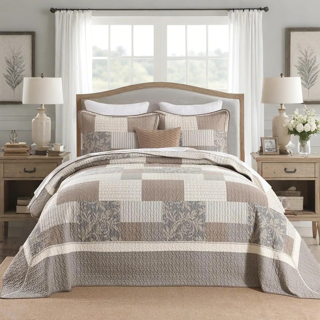 Bedduvit 100% Cotton 120"x102" Oversized Queen Bedspread - Farmhouse Patchwork Plaid Oversized Bedspreads, Vintage Floral Cotton Quilts with 2 Pillow