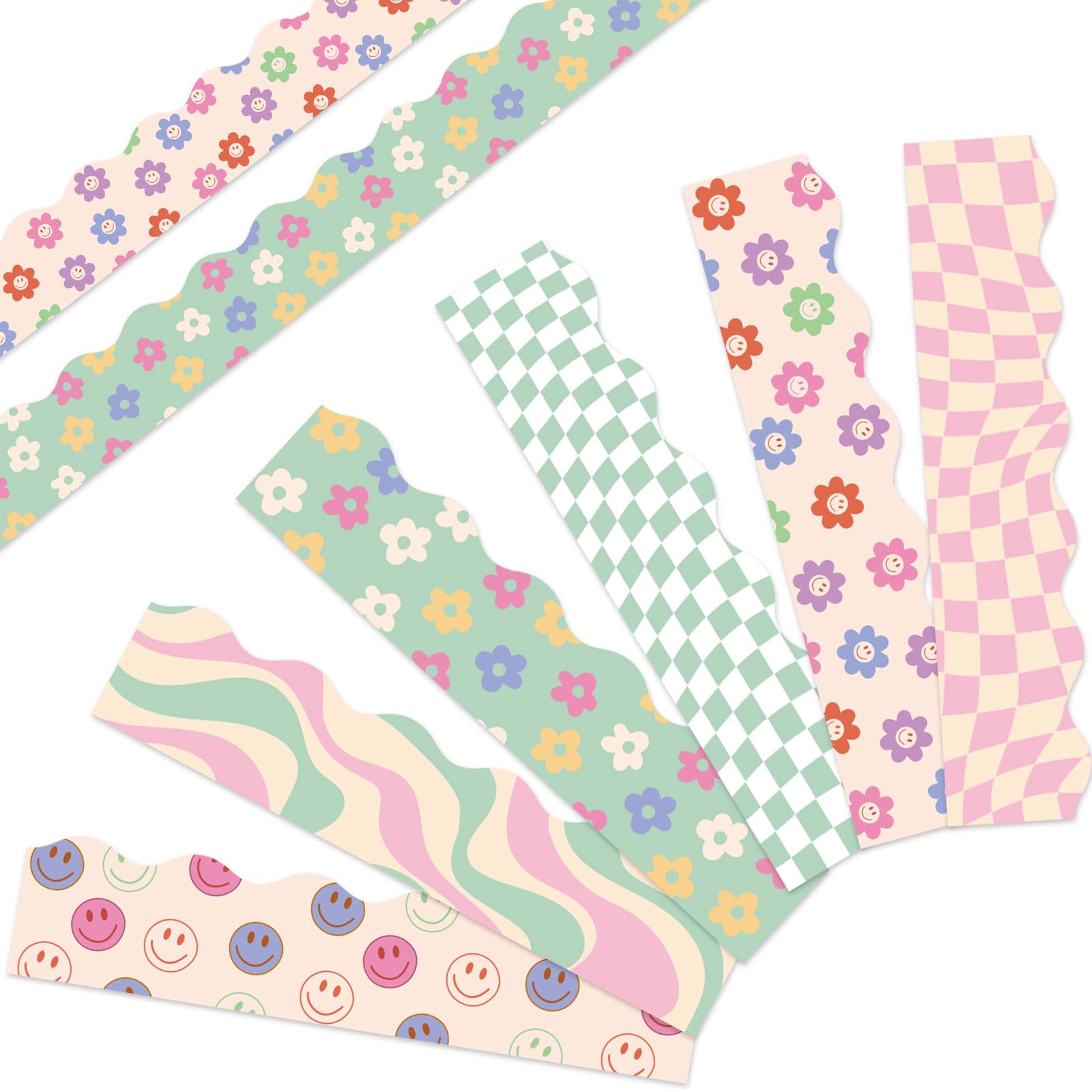 Whaline 82 Ft Retro Groovy 70s Bulletin Board Borders Boho Flower Face Checkered Trim Border Pastel Pink Green Bulletin Board Stickers for Back to School Classroom Office Party Decor