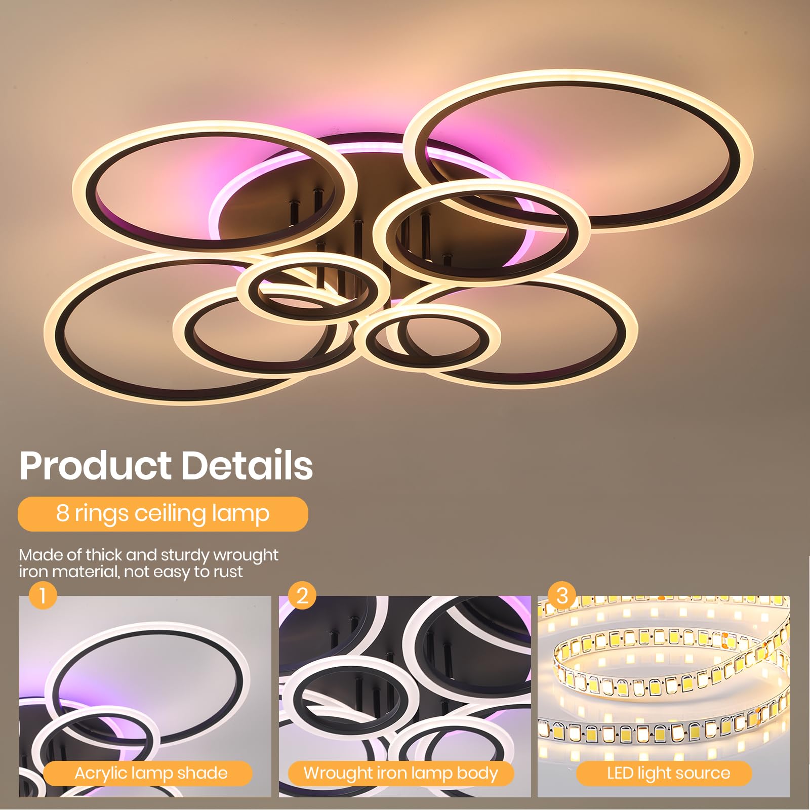 LED Deckenleuchte Schwarz 80W,8-Ringe Deckenlampe Dimmbar | 3000-6000K Moderne Wohnzimmer Deckenleuchte mit Fernbedienung und Memory Funktion,105×85cm für Schlafzimmer Küche Flur