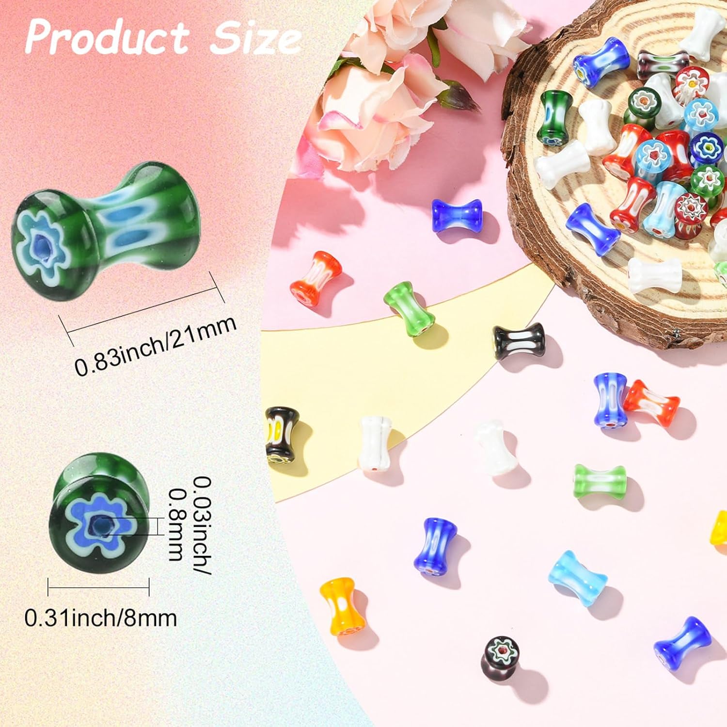Stiesy 50Pcs Millefiori Glass Beads, Bamboo Joint Shape Mixed Color Lampwork Loose Spacer Beads for Jewelry Making, DIY Bohemian Style Bracelet and Necklace Craft image 2