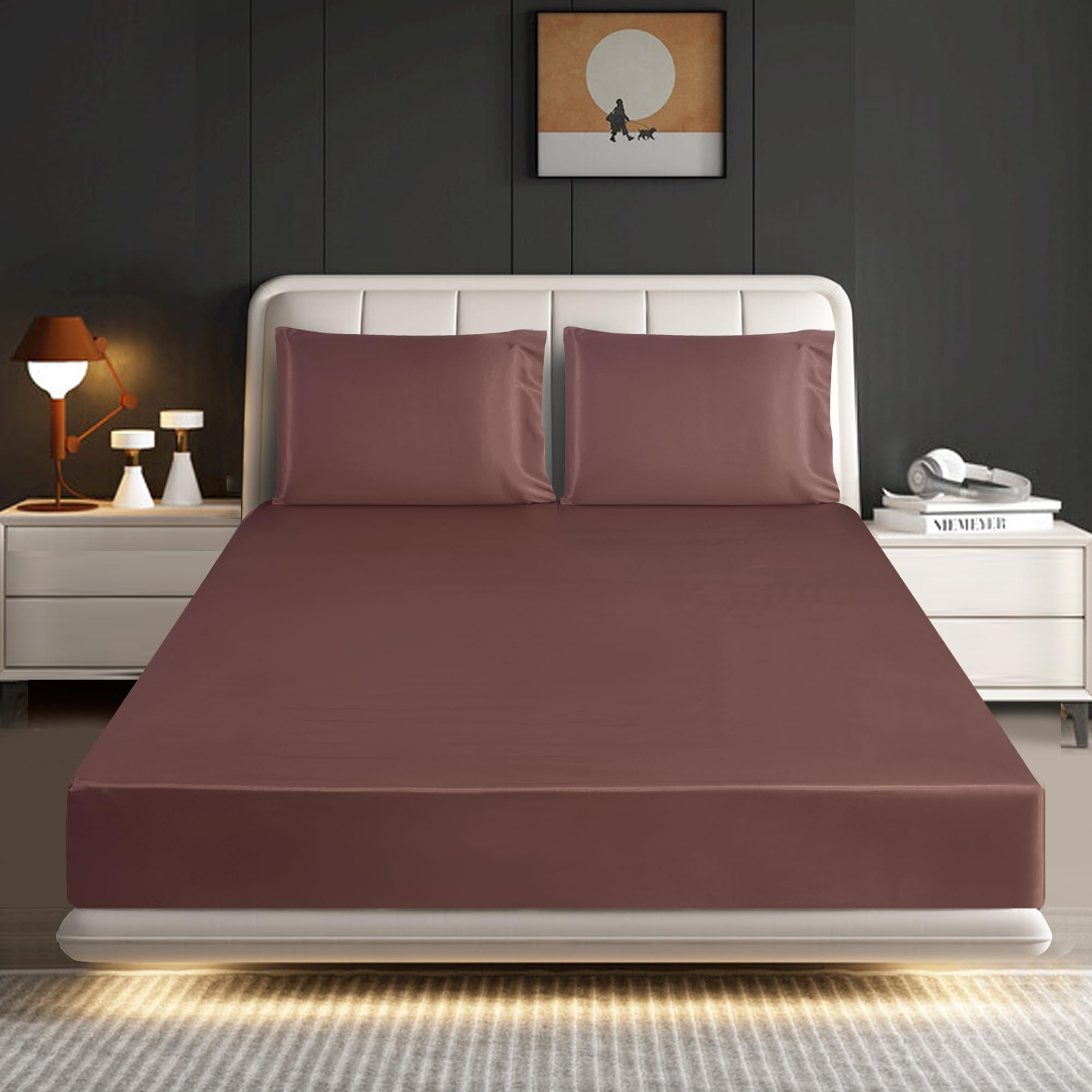Rooee Blush Pink Satin Silk Fitted Sheet With Pillowcase Set Breathable Soft Bedding Brushed Fabric Wrinkle, Shrinkage And Fade Resistant Bottom Bed Sheets (, King)