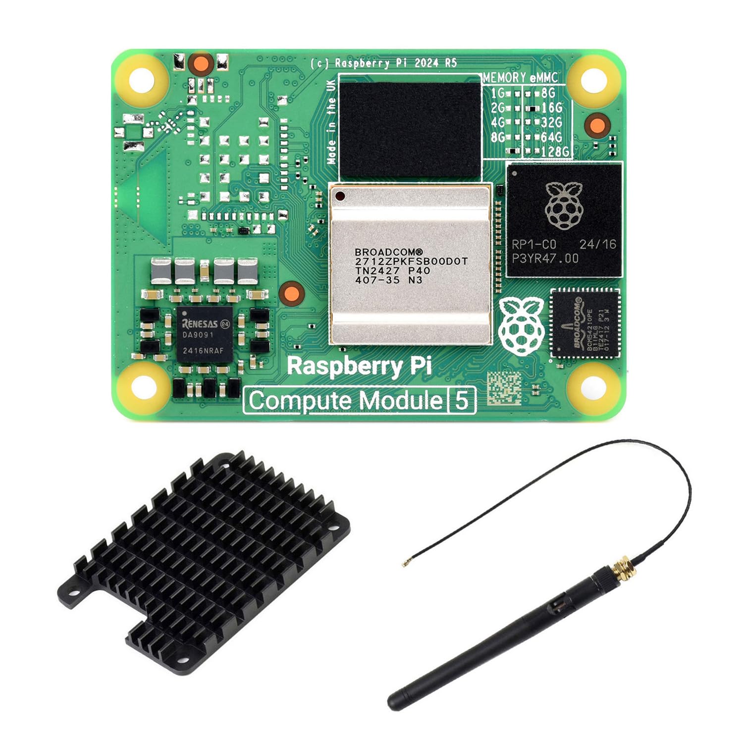 Waveshare CM5 Pi Compute Module 5，Comes with an Official Raspberry Pi CM5016016 (Without Wireless, 16GB RAM, 16GB eMMC Flash), an Antenna Kit and a HEATSINK. (3 Items)