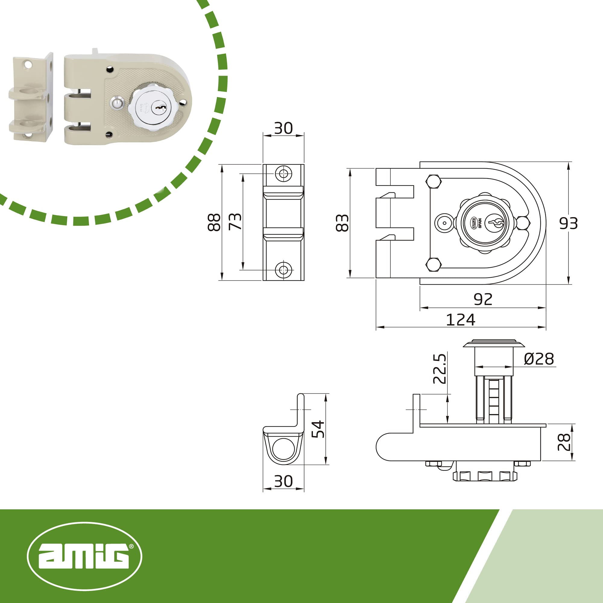 Amig - Aufschraubschloss DIN links mit Schließhebel, Falle und Ziehgriff für Holztüren Mod. 1396-60 mm - Riegel mit Innen- und Außenzylinder - Stahl beige
