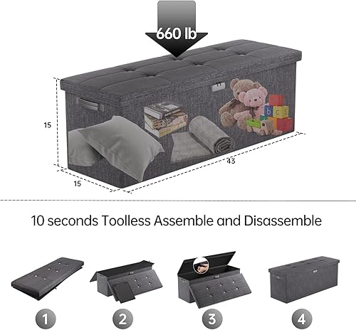 Miniatura 2 de Banco otomano de almacenamiento de 43 pulgadas con cerradura y asas, otomana plegable con almacenamiento para sala de estar, dormitorio, banco