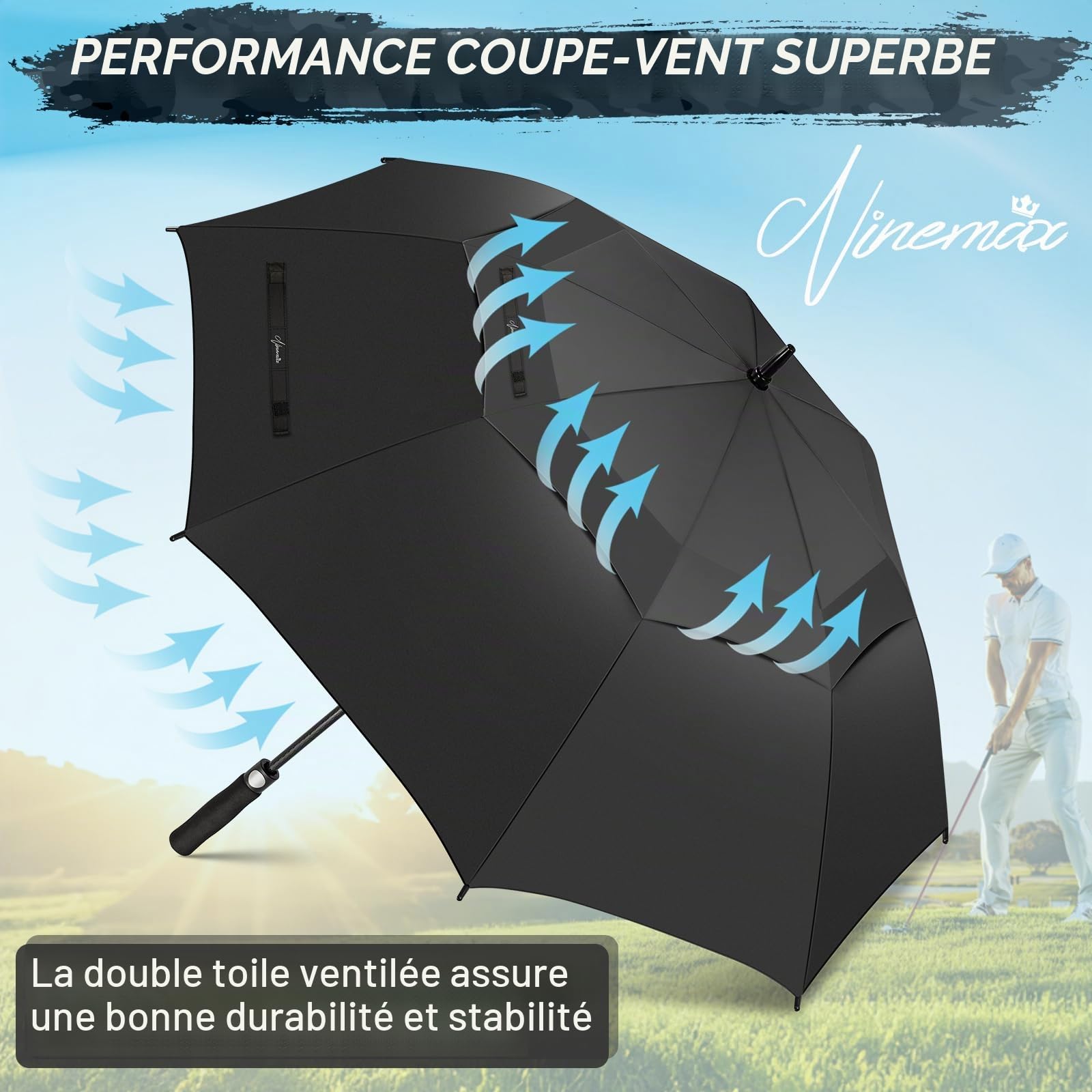 NINEMAX Grand Parapluie Golf, Ombrelle Grande Taille Anti Vent Solide