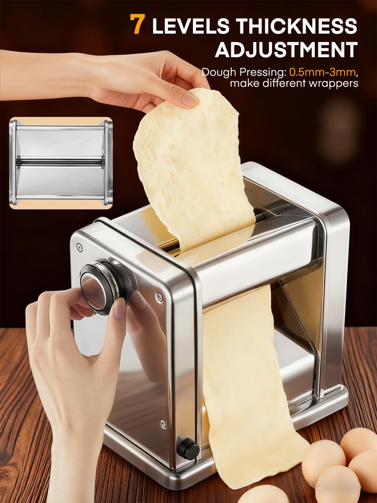 FOHERE Máquina de Pasta Fresca Eléctrica con 2 Cuchillas (1.5 mm/6.6 mm) y 7 Grosores Ajustables de 0.5-3 mm, Acero Inoxidable para Hacer Fideos Espaguetis Raviolis, Plata