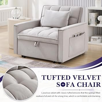 Antetek Sleeper Sofa Chair Bed, Convertible Velvet Single Pull Out Single Sofa, Modern Tufted Living Room Reading Chair with Adjustable Backrest/Pillow for Small Spaces, Apartment, Office, Grey
