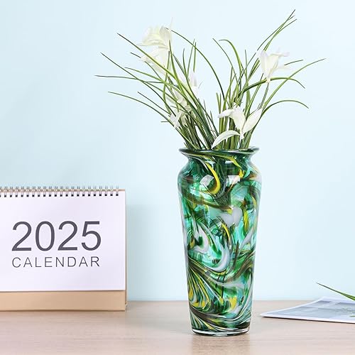 Miniatura 6 de Jarrón de vidrio soplado a mano verde  Centro de mesa decorativo alto moteado en estilo Murano para mesa de comedor, mesa de café, repisa, entrada o