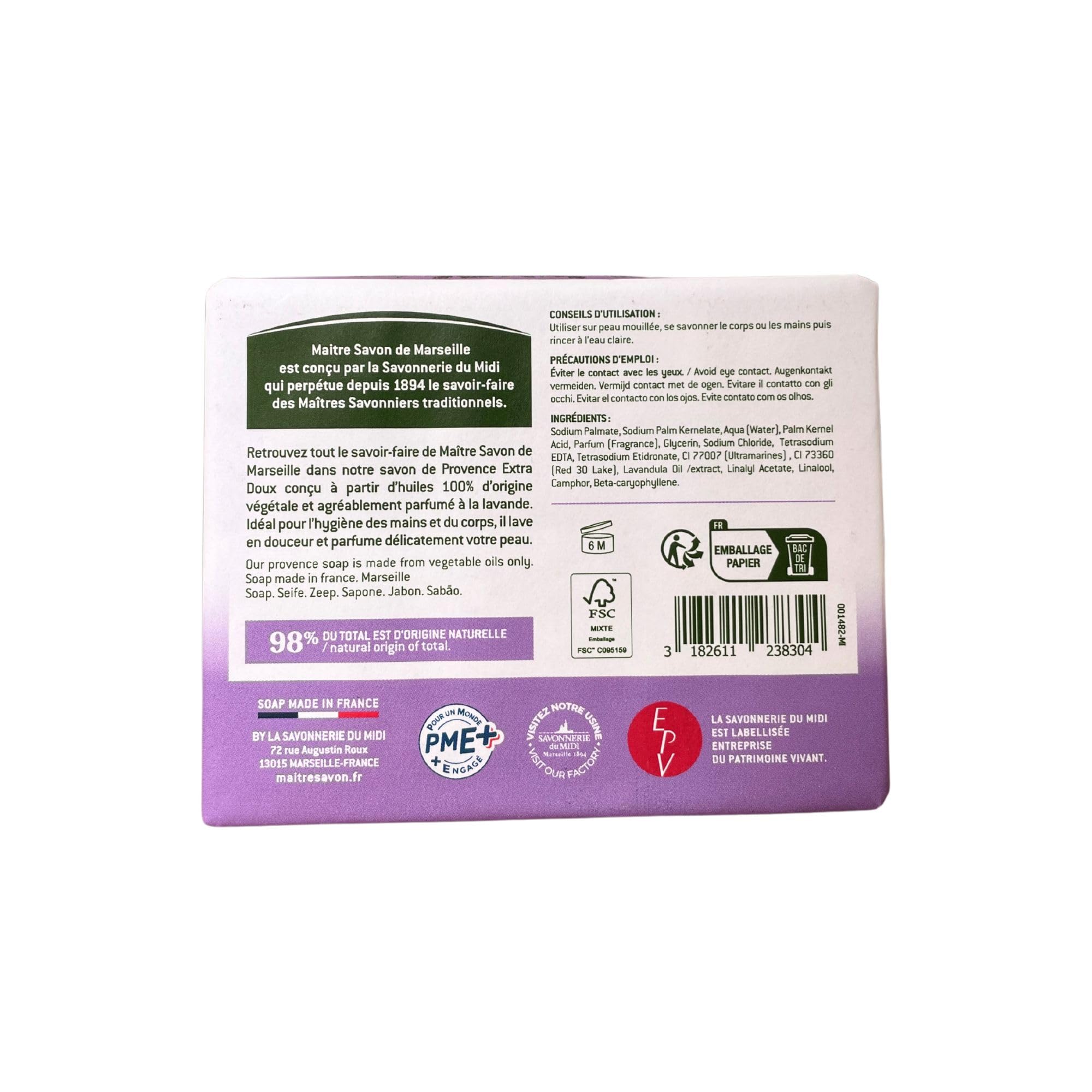 Maître Savon de Marseille - Jabón de Provenza Lavanda – Extra Suave – 2x100g – 99% Ingredientes Naturales – Manos & Cuerpo
