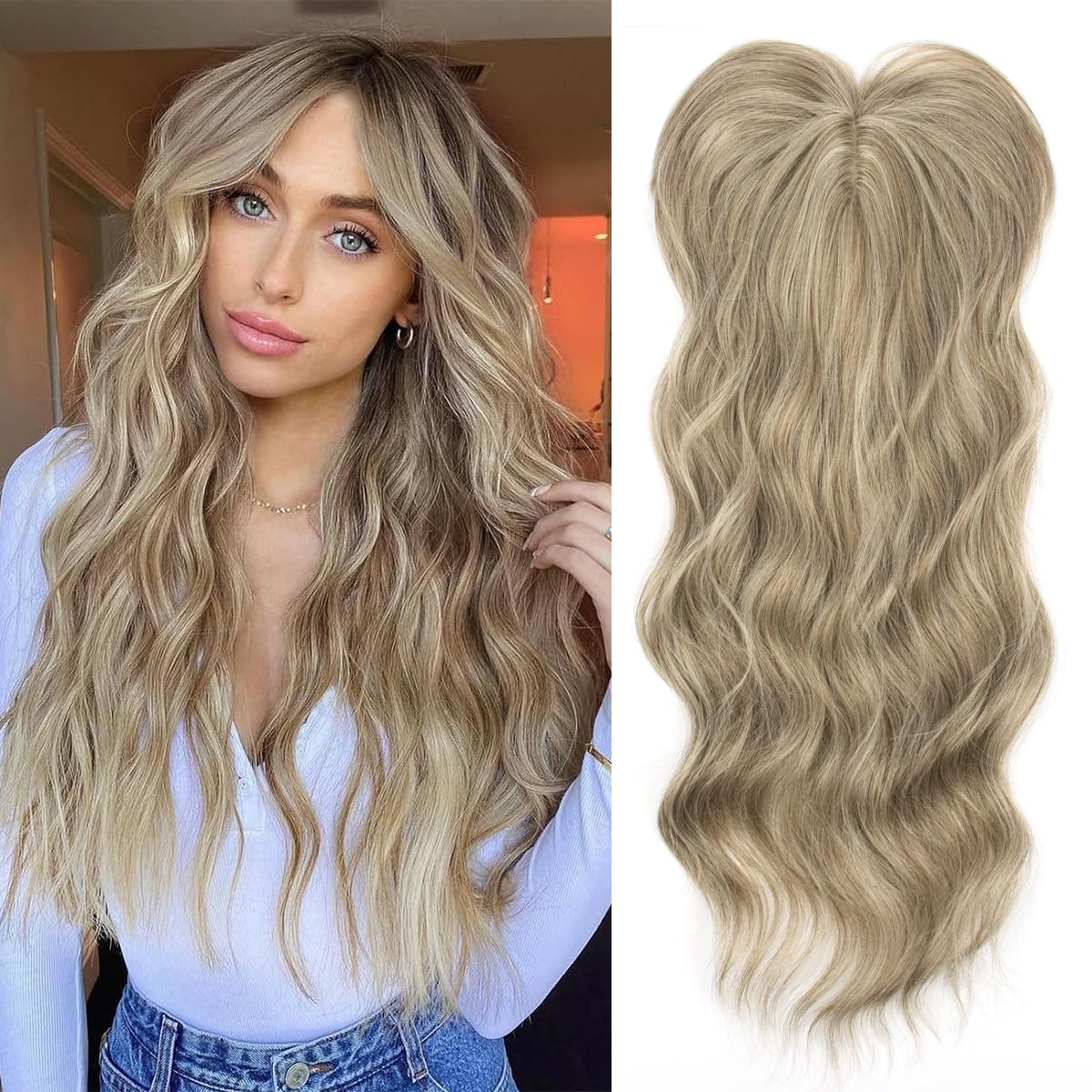 PORSMEER Brown Mix Blonde Hair Toppers for Women Ladies Add Hair Volume 20 inch Long Wavy HairPieces Replacement Clip In Wiglets with Fringe