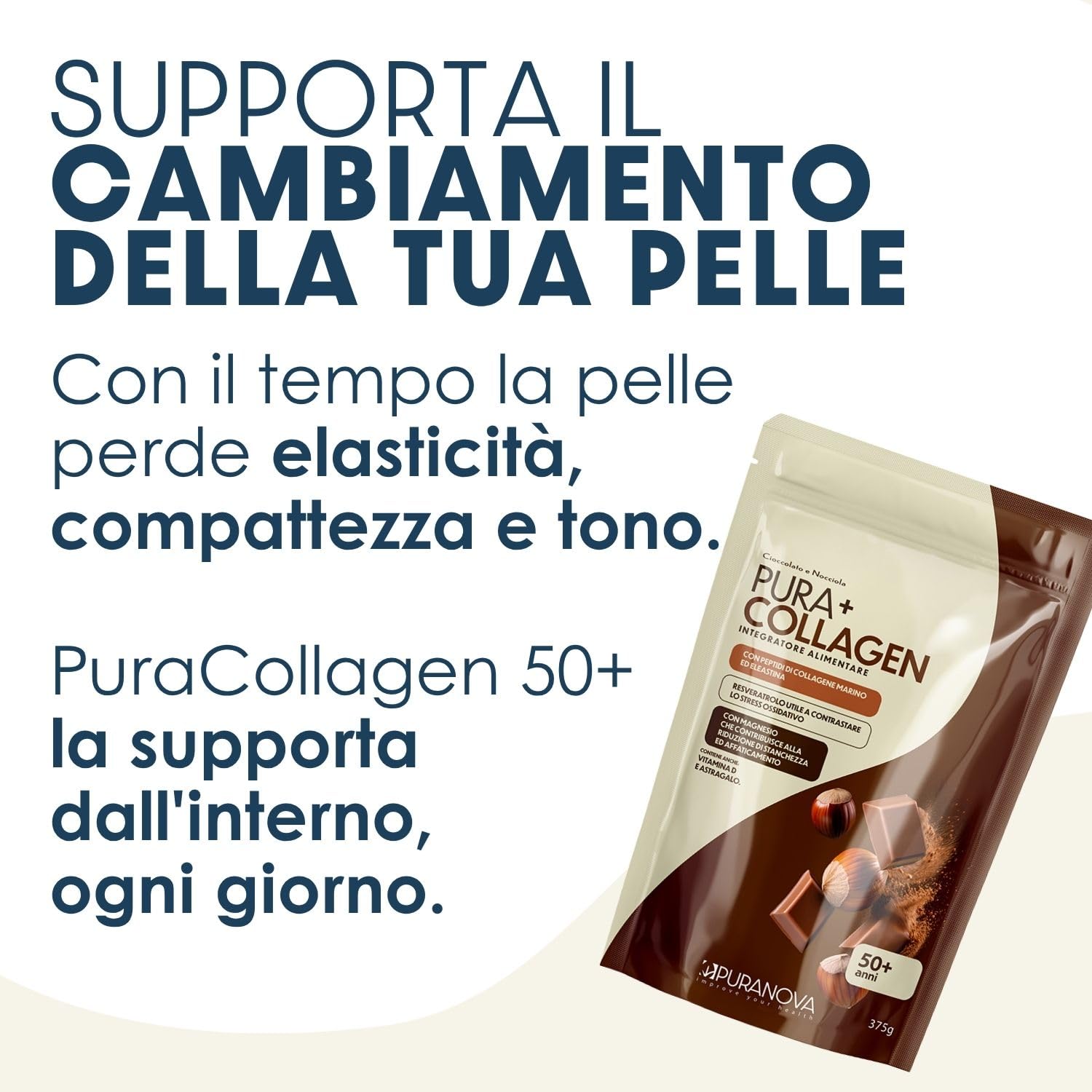 PURANOVA - Puracollagen 50+ | Collagene Marino Idrolizzato 7g con Elastina, Magnesio e Vitamina D |Collagene In Polvere Pelle Matura | Gusto Nocciola e Cioccolato
