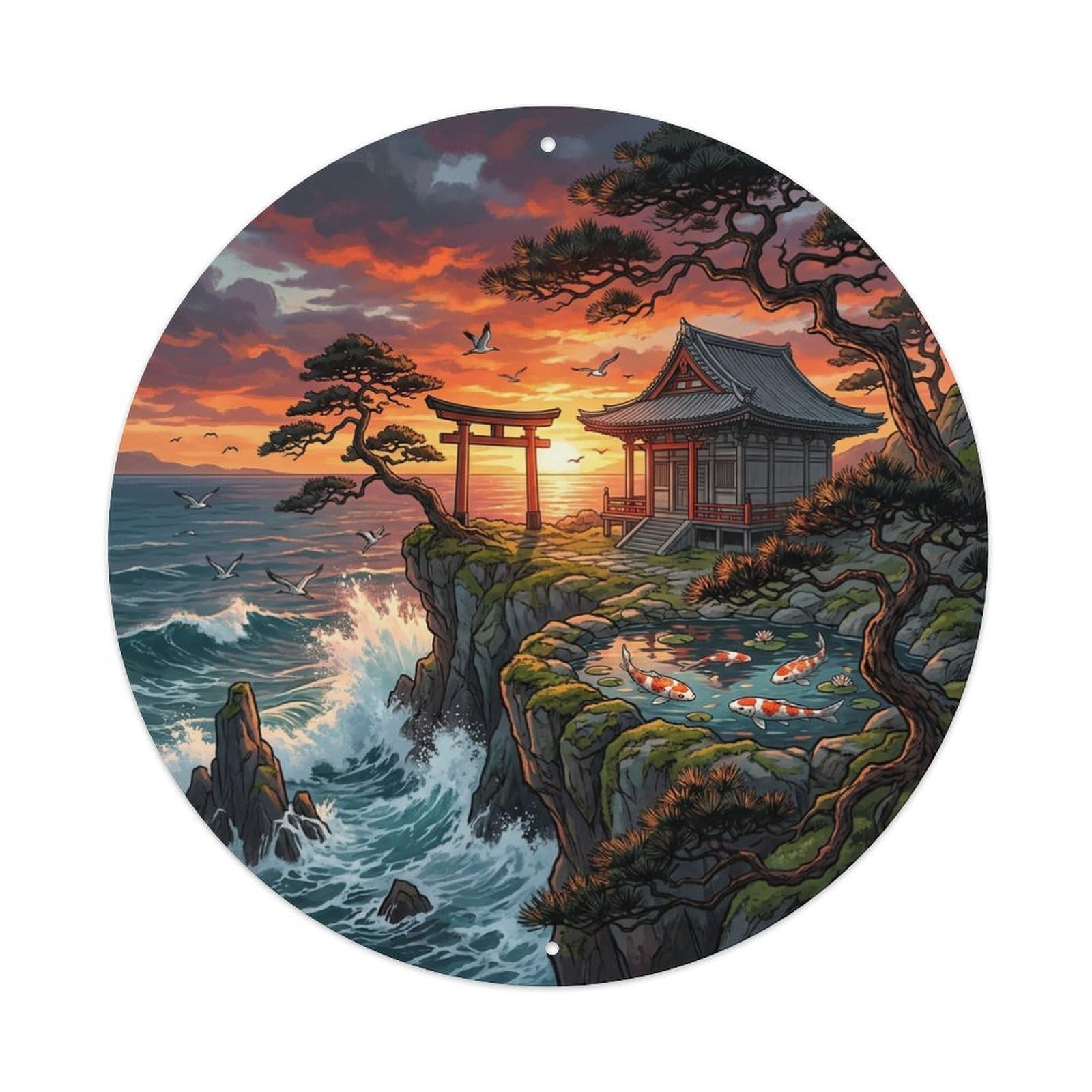 Tgrcjimh Style Metal Tin Sign Japanese Koi Fish Cliff Ocean Temple View