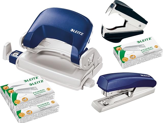 Leitz 5507 Dziurkacz i zszywacz Bundle wraz z zapasami zszywek i zszywek [niebieski]